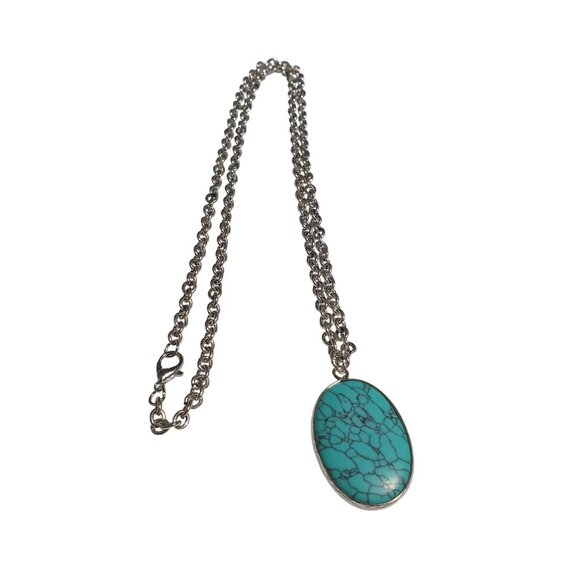 Faux Turquoise Oval Pendant Necklace With Silver-Tone Chain & Lobster Clasp - Picture 1 of 5